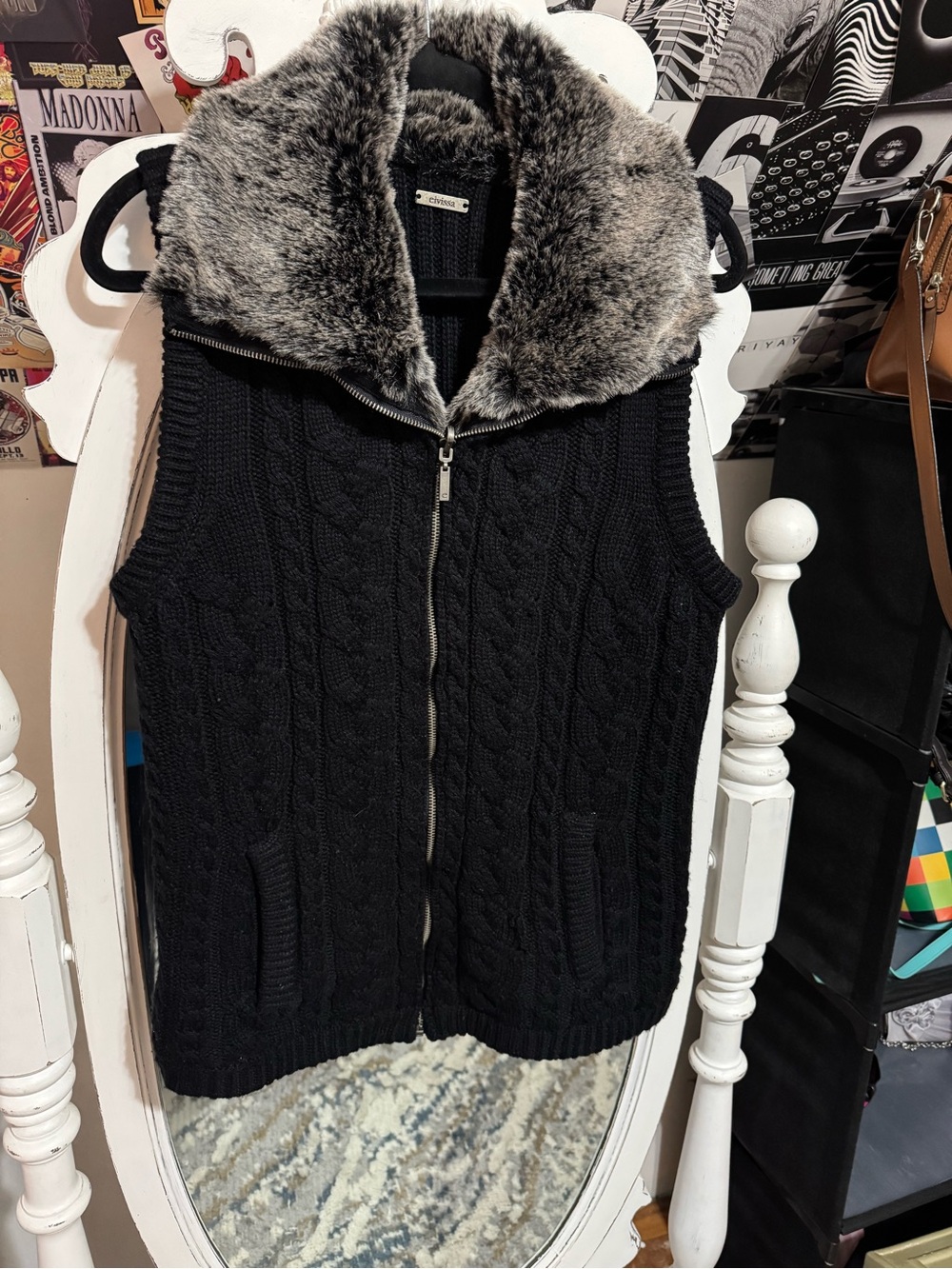 Black Cable-Knit Zip Vest with Faux Fur Collar